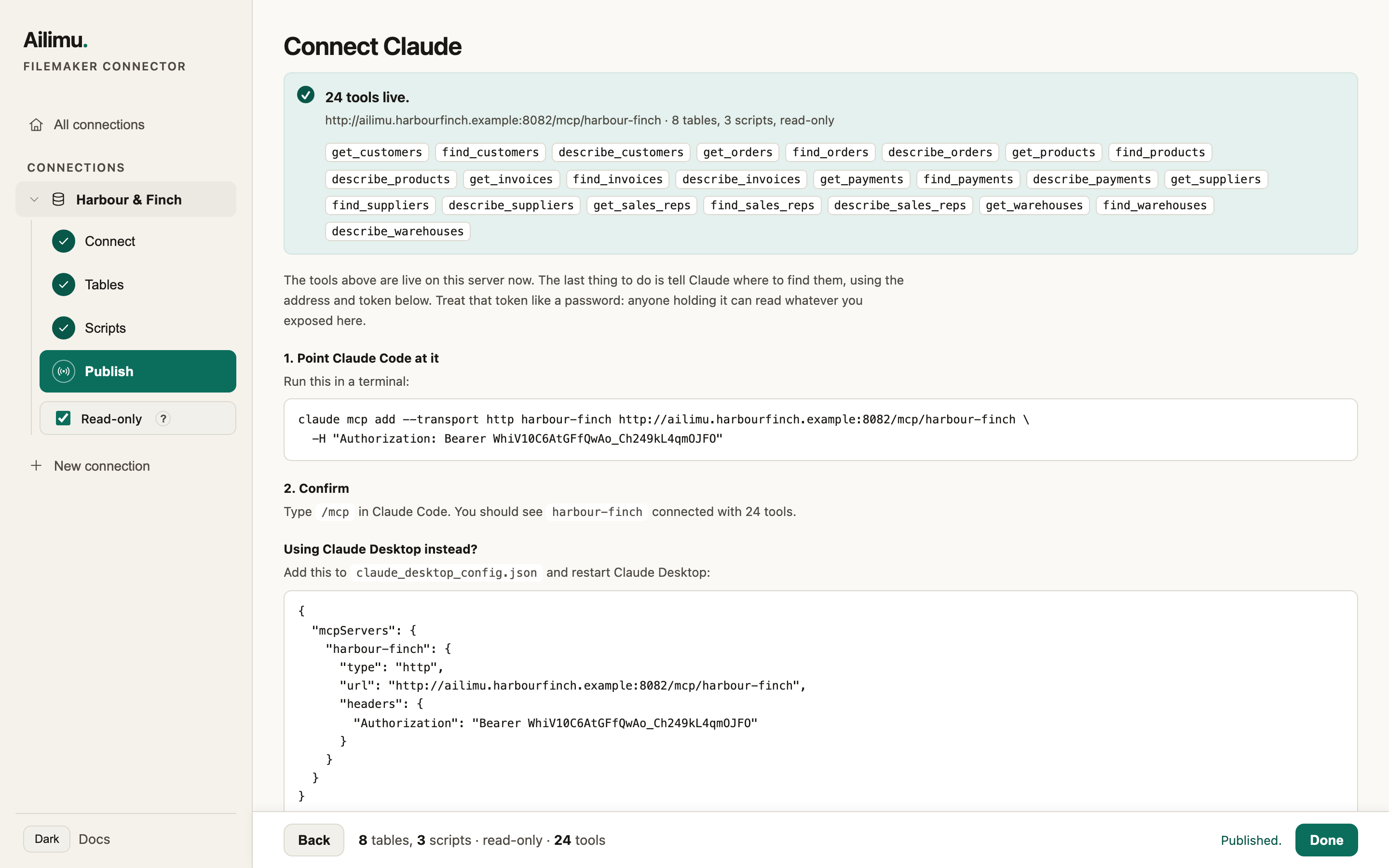 The Publish step: 24 tools live, with the command to connect Claude Code.